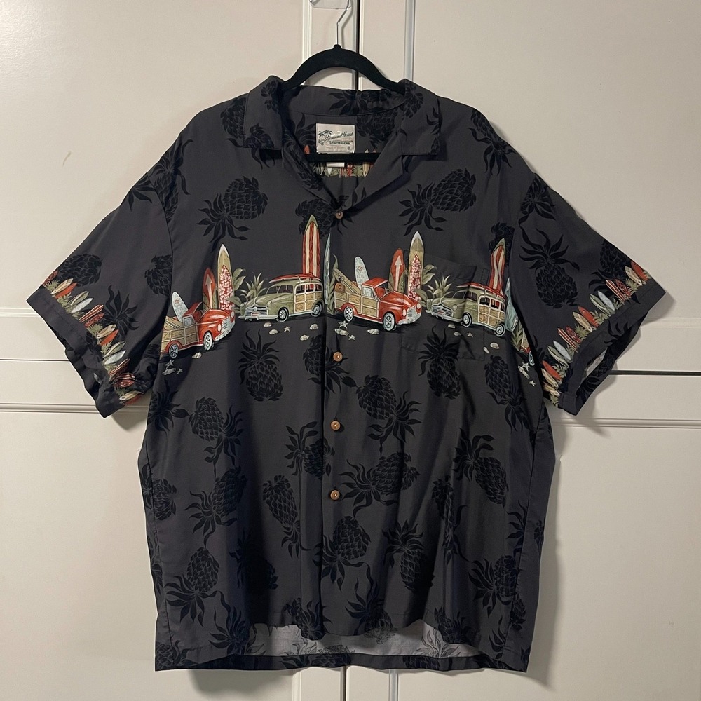 Diamond Head Sportswear Hawaiian Shirt Mens XL Grey Woodie Surfboard Rayon